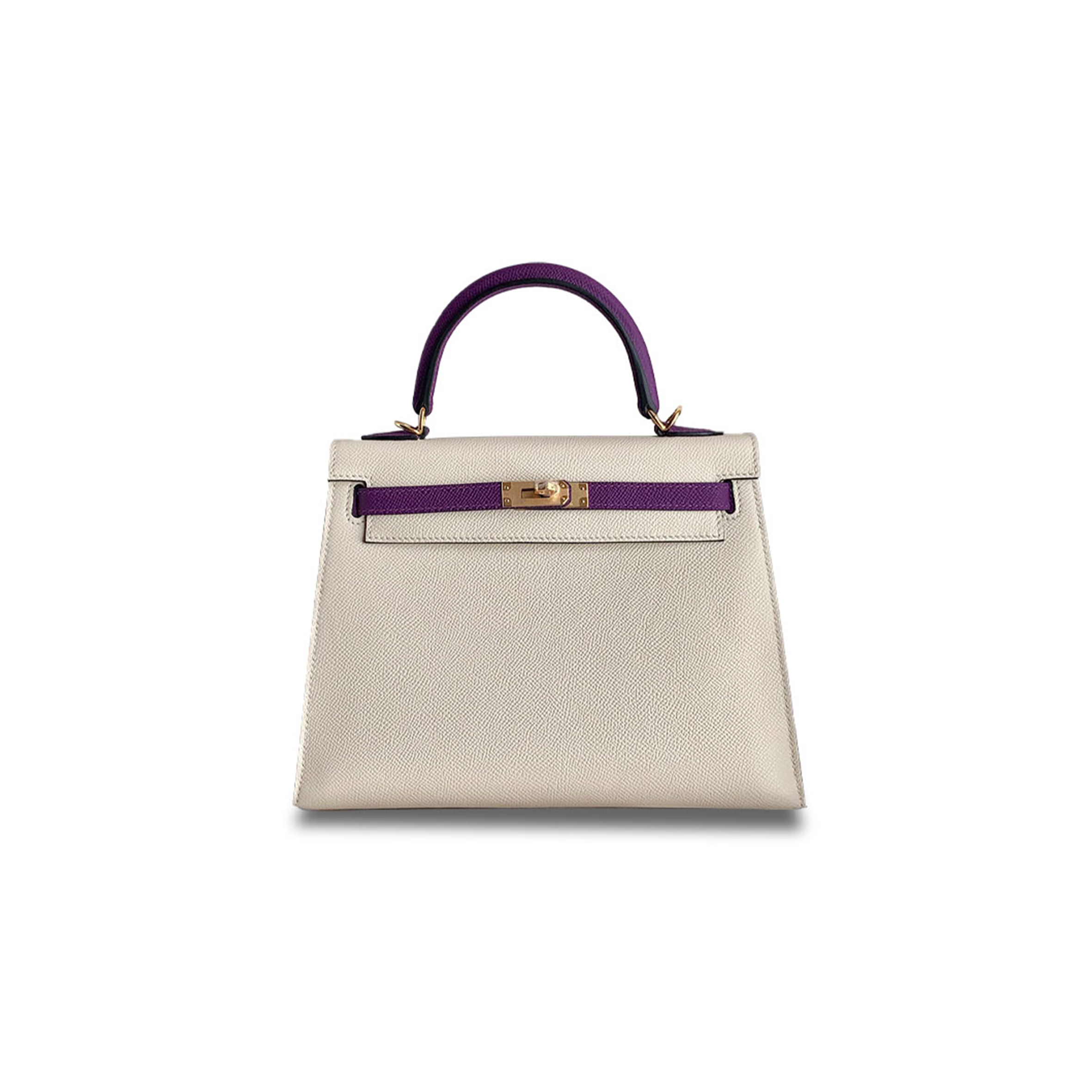 HERMÈS MASTER KELLY 25 EPSOM MILKSHAKE WHITE WITH SEA ANEMONE PURPLE GOLD BUCKLE (25*17*7cm)